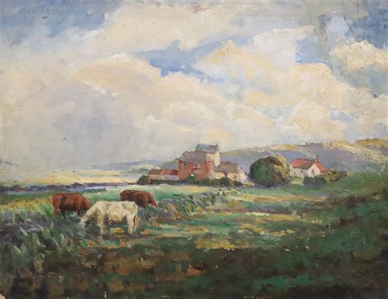 Maurice McGonigal PRHA (1900-1979) Cattle in a landscape 10.75 x 14in, unframed